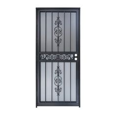 an iron door with decorative designs on the glass and metal bars, isolated against a white background