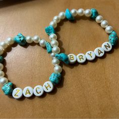 Calling All Zack Bryan Lovers! One Of A Kind Handmade Bracelet Set! Turquoise Stones And Faux Pearls With Gold/White Letter Beads American Heartbreak, Deann, Summertime Blues Stretchy Standard (7”) Bands. Custom Sizes Available Upon Request But 7 Is Universal Sweet Deanne, All My Homies Hate Ticket Master, Condemned, Revival, Summertime Blues Zach Bryan Bracelet, Zach Bryan Bracelet Ideas, Turquoise Beaded Bracelets, Zack Bryan, Music Note Bracelet, American Heartbreak, Make Clay Beads, Letter Charm Bracelet, Summertime Blues