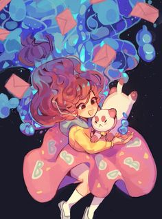 a girl holding a cat in her arms with blue bubbles floating around her and pink hair