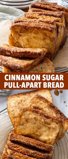 cinnamon sugar pull apart bread on a plate with the title in the middle and bottom