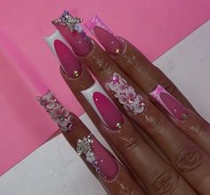 Long Girly Acrylic Nails, Pink Coffin Birthday Nails, Long Acrylic Nail Designs Baddie, Coffin French Tips Nails, Baddie Acrylic Nails Long, Coffin French Tips, French Tips Nails, Coffin French, Tips Nails