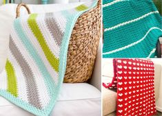 crocheted blankets and pillows are shown in four different colors, including red, green, blue, and white