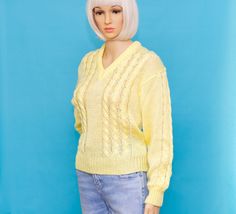 "Super Cute 1970s sweater with the original tag still attached. Size = Small (tag size is Large, but in today's sizing this will fit smaller) Length = 22.5\" Bust = 16\" Sleeve = 22.75\" 100% Acrylic Brand = Golden Touch In good condition. **Hat pictured available here: https://www.etsy.com/listing/771003097/ As with all vintage items, please understand this has been previously loved and some wear may be present. I always do my best to accurately photograph and describe the item, but always purc 1970s Sweater, Yellow Midi Dress, Vintage Heels, Pullover Sweater Women, Blouse Vintage, V Neck Sweater, Vintage Skirt, Vintage 1970s, Women Pullover