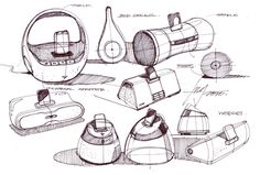 sketches of kitchen appliances, including an electric teapot and toaster with the lid open