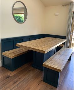 a wooden table and benches in a room