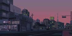 an animated cityscape at dusk with buildings and street lights in the foreground