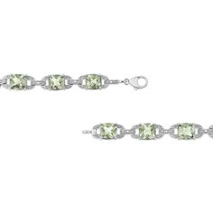 Classy and feminine, this green amethyst and diamond tennis bracelet is designed especially for your lady love. Styled in remarkable sterling silver this bracelet is embellished with 10 alluring prong set cushion cut green amethyst accentuated by 10 brilliant round cut diamonds in prong setting. Fastens with a secure clasp. Total diamond weight is 1/20 ctw and each cushion cut green amethyst measures 7x7 mm. Bracelet Tennis, Purple Diamond, Diamond Tennis Bracelet, Brooch Necklace, Amethyst Purple, Tennis Bracelet Diamond, Green Amethyst, Diamond Fashion, Mens Wedding Rings