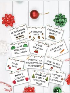 printable christmas cards with holiday sayings and ornaments on white wood background, surrounded by red and green bows