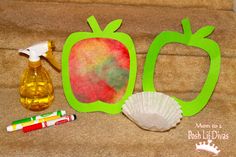 an apple, seashell and other items are sitting on the couch next to each other