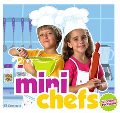 two children are posing for the camera in front of a poster that says mini chefs