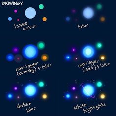 an image of different planets in the sky with their names and colors, including blue, red