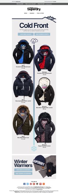 an advertisement for winter clothing with different colors and patterns on it's front page