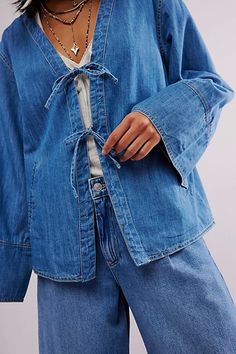 Tie-Front Denim Jacket | Free People Long Sleeve Jean Jacket, Women Tie, Denim Crop Top, Women Y2k, Relaxed Jeans, Classic Jeans, Solid Clothes, Wide Sleeves, Cropped Denim