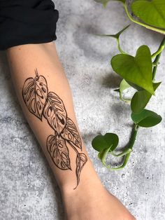 a woman's foot with a tattoo design on the side of her leg, next to a plant