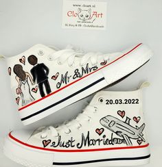 Custom made wedding groom and bridal hi tops for the most special day ! Made your wedding day unforgettable with  comfortable custom made sneakers.  You can have your name, wedding date, place or any special text on them! You can order a t-shirt with the same design!  The sneakers are painted with professional water resistant textile paints and can be washed in laundry machine too Available in all sizes Customizable High-top Sneakers As Gift, Customizable High-top Sneakers As A Gift, Customizable High-top Sneakers For Gifts, Customizable High-top Sneakers For Gift, Custom White High-top Wedding Sneakers, White High-top Wedding Sneakers, Bridal Sneakers, Wedding Sneakers, Groom Shoes