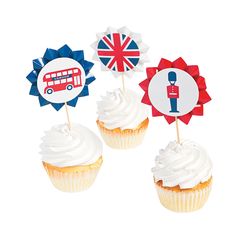 three cupcakes with white frosting and british flags on them