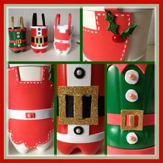 christmas decorations made out of toilet paper and other items are shown in multiple pictures, including santa's pants