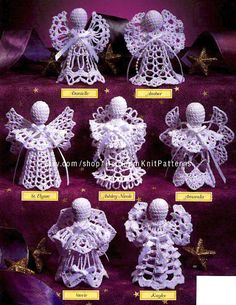 the crocheted angel pattern is shown in several different sizes and colors, including white