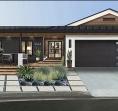 this is a rendering of a modern house with two garages and an attached porch