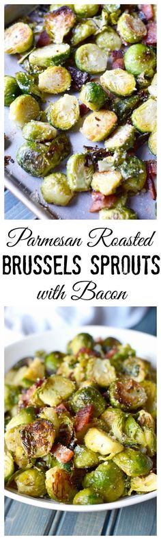 brussel sprouts with bacon in a white bowl and on a plate