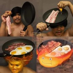 three different pictures of people with food on their heads and one man holding a frying pan over his head