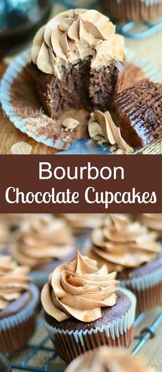 chocolate cupcakes with peanut butter frosting on top and the words bourbon chocolate cupcakes above them