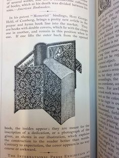 an open book with black and white illustrations on it's page, showing the inside pages