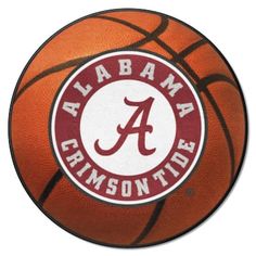 a basketball with the university of alabama on it's front and side, in red and white