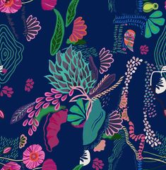 a blue background with colorful flowers and plants on the bottom right corner is an abstract design