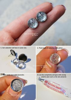 the instructions for how to make studs with silver and white glitter on them are shown