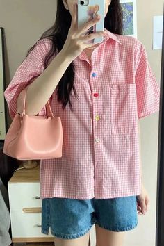 Pink Plaid Cute Button Colors Blouse Shirt – Tomscloth Pink Gingham Shirt, Y2k Aesthetic Pink, Plaid Shirt Outfits, Baby Tees Y2k, Custom Made Clothing, Cute Blouses, Women Blouse, Aesthetic Pink, Sleeve Women