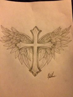 a drawing of a cross with wings on it