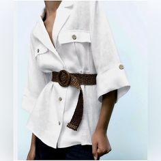 New With Tags! Crisp White Linen Shirt With Brown Woven Belt And Chic Turned Up Cuffs. 100% Linen Detachable Belt Button Front Pockets White Shirt For Fall Day Out, Trendy White Zara Shirt, White Relaxed Fit Blouse From Zara, Chic White Shirt For Vacation, White Beach Shirt For Fall, Chic White Vacation Shirt, White Shirt For Beach, Fall Season, Chic White Shirt For Day Out, Chic White Zara Shirt