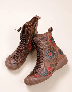 Ethnic Style Lace-up Flower Printed Leather Boots — Obiono Brown Faux Leather Lace-up Boots With Flat Heel, Brown Closed Toe Lace-up Boots For Spring, Brown Leather Martin Boots, Vintage Leather Lace-up Boots For Spring, Bohemian Round Toe Boots With Floral Print, Bohemian Floral Print Round Toe Boots, Spring Lace-up Brown Boots, Multicolor Leather Lace-up Boots With Round Toe, Brown Floral Print Boots For Fall