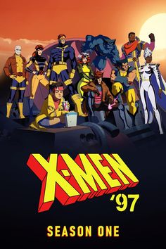 the x - men season one poster is shown in front of an orange sky with clouds