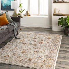 a living room with a gray couch and white rug on the floor next to a window