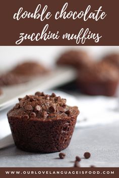 chocolate muffins with text overlay that reads double chocolate zucchini muffins