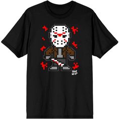 Be spooky year-round with this tee featuring original artwork inspired by Friday the 13th! This scary adult men’s t-shirt has a large pixel cartoon graphic of Jason on the front. This comfy crew neck tee in black is made of high-quality, premium polyester and cotton material, and is professionally printed to ensure long-lasting color and print quality. It can be machine washed in cold water with like colors, and tumble dried on low for easy and convenient care. The Friday the 13th Thread Pixel M Graphic Tee For Halloween And Fan Conventions, Black T-shirt For Halloween Fan Conventions, Black T-shirt For Halloween And Fan Conventions, Halloween Graphic T-shirt For Fan Merchandise, Halloween Graphic Design T-shirt For Fan Merchandise, Halloween Fan Merchandise T-shirt With Graphic Design, Horror Graphic Print T-shirt For Fans, Jason Voorhees, Friday The 13th