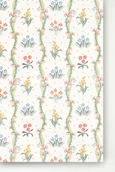 a wallpaper with flowers and vines on it, in pastel colors against a white background