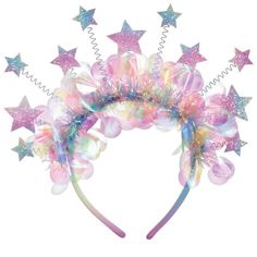 a pink and blue headband with stars on the side, in front of a white background