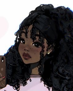 a drawing of a woman with curly hair holding a cell phone up to her face