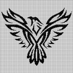 a black and white cross stitch pattern with an image of a bird on it's wings