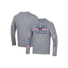 The Men's Champion Heather Gray Washington Capitals Tri-Blend Dual-Stripe Long Sleeve T-Shirt is the perfect way to show your unwavering support for the Washington Capitals. Made from a comfortable tri-blend of polyester, cotton, and rayon, this long sleeve tee features distressed screen print graphics that proudly display the Capitals logo. The crew neck and slight droptail provide a classic fit, while the tri-blend fabric ensures breathability and comfort. Whether you're cheering from the stan Casual Striped Tops For Sports Events, Casual Tops With Signature Stripes For Sports Events, Long Sleeve Cotton T-shirt With Horizontal Stripes, Cotton Sports Tops With Signature Stripes, Cotton Sports Tops With Three Stripes, Athletic Heather Long Sleeve Cotton T-shirt, Striped Crew Neck Tops For Sports, Grey Cotton Long Sleeve T-shirt, Washington Capitals