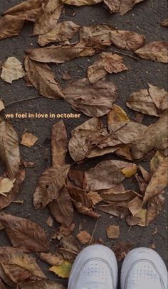 a pair of shoes sitting on the ground in front of fallen leaves with an inspirational quote above them