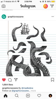 an octopus with a ship in the background is drawn by hand on lined notebook paper