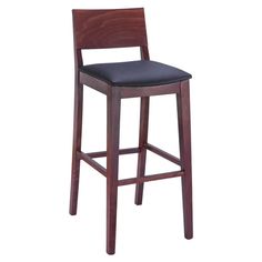 a wooden bar stool with black leather seat and backrest on an isolated white background