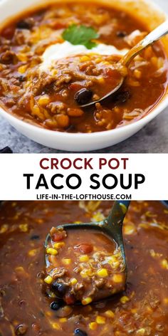 a bowl of crock pot taco soup with a spoon in it