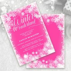 Elegant winter wonderland Sweet 16 birthday invitation features beautiful calligraphy surrounded by a lush snowflake and snow border. The snowflakes pop against the pretty bright pink background. You can actually change the background color to any color. Winter Wonderland can't be changed, but all of the remaining text can be edited. This item is part of the Winter Wonderland Snowflake collection. It contains the DIY templates you need to create a unique invitation suite and matching party decorations. The invites are available in both paper and digital downloads. Pink Winter Wonderland Birthday Party, Winter Wonderland Pink, Quinceanera Winter Wonderland, Winter Birthday Invitations, Bright Pink Background, Winter Wonderland Birthday Party, Winter Onederland Birthday Party, 90th Birthday Invitations, Winter Invitations