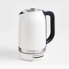 a white electric kettle with black handle on a white background, showing the top part of the kettle