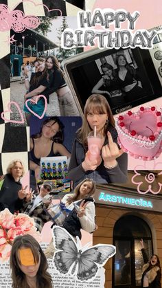 a collage of photos with people and pink things in the background that says happy birthday